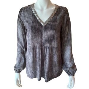 Knox Rose Womens Top  Blouse Sz M Sequin V-Neck Long Sleeve Gray Pintuck Detail